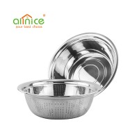 Wholesale high quality home kitchen round fruit vegetable rice basket strainer stainless steel colander with basin